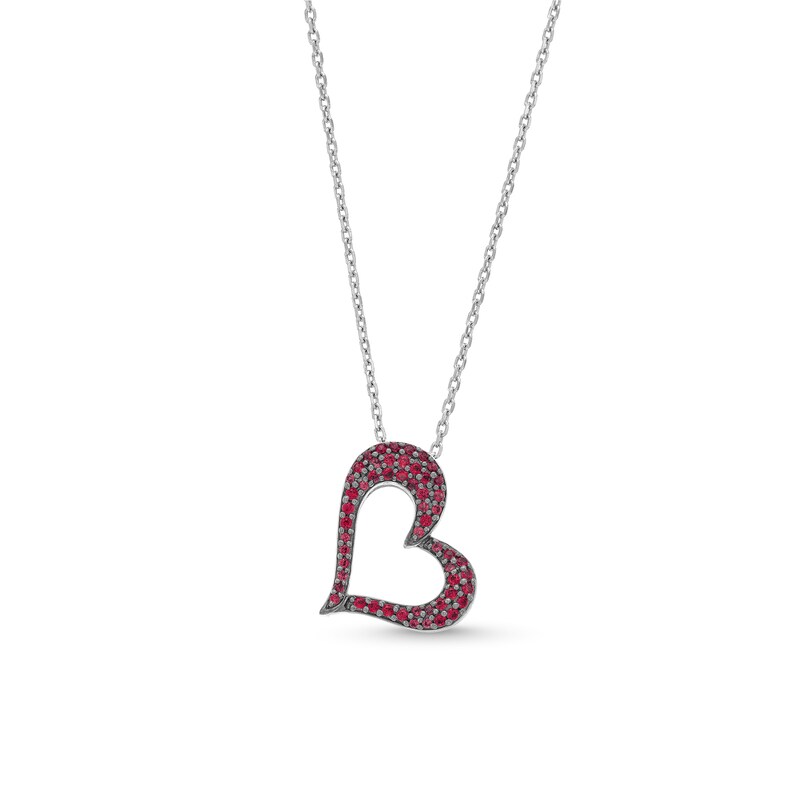 Lab-Created Ruby and White Lab-Created Sapphire Reversible Tilted Open Heart Pendant in Sterling Silver