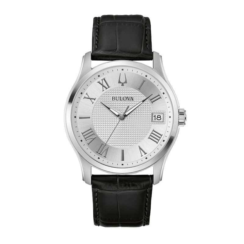 Men's Bulova Wilton Silvertone Watch with Black Leather Strap (Model: 96B388)