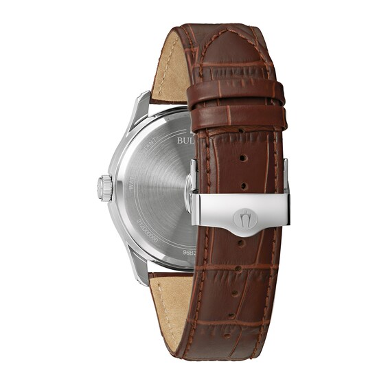 Men's Bulova Wilton Silvertone Watch with Brown Leather Strap (Model: 96B389)