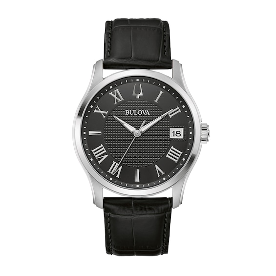 Men's Bulova Wilton Silvertone Watch with Black Leather Strap (Model: 96B390)