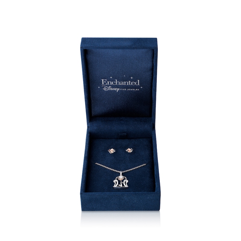 Enchanted Disney Belle 1/8 CT. T.W. Diamond Rose Pendant and Earrings Set in Sterling Silver and 10K Rose Gold