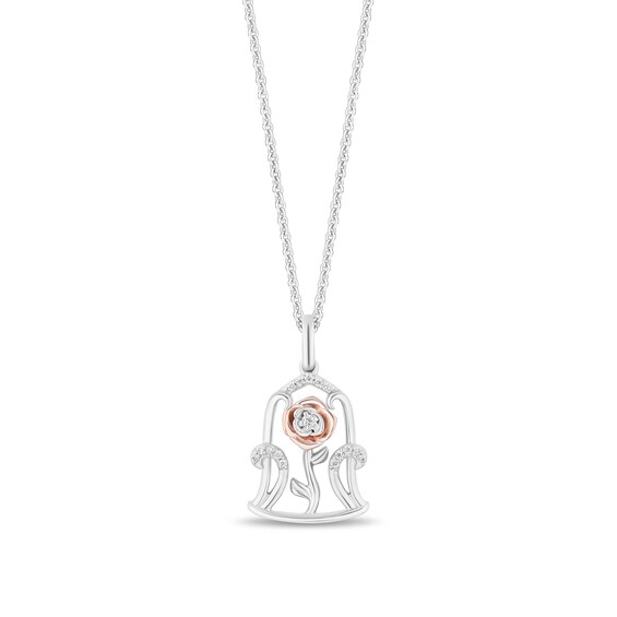 Enchanted Disney Belle 1/8 CT. T.w. Diamond Rose Pendant and Earrings Set in Sterling Silver and 10K Rose Gold