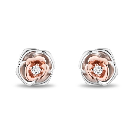 Enchanted Disney Belle 1/8 CT. T.w. Diamond Rose Pendant and Earrings Set in Sterling Silver and 10K Rose Gold