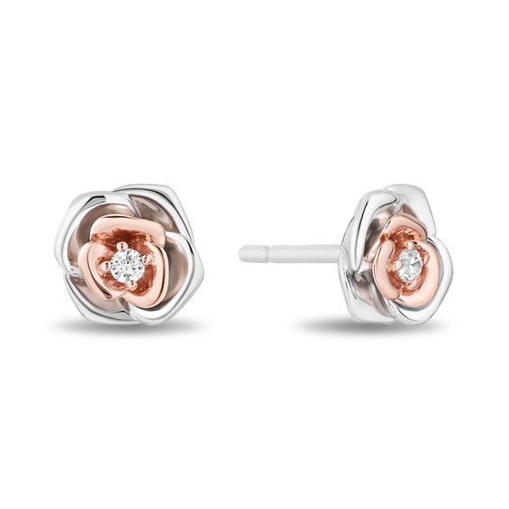 Enchanted Disney Belle 1/8 CT. T.w. Diamond Rose Pendant and Earrings Set in Sterling Silver and 10K Rose Gold