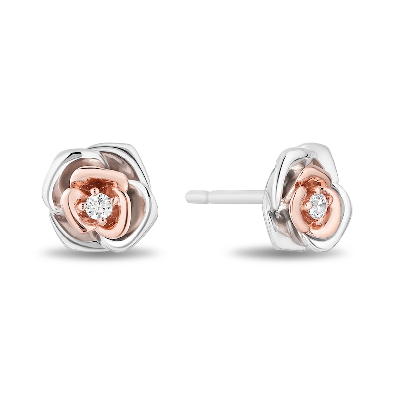 Enchanted Disney Belle 1/8 CT. T.W. Diamond Rose Pendant and Earrings Set in Sterling Silver and 10K Rose Gold