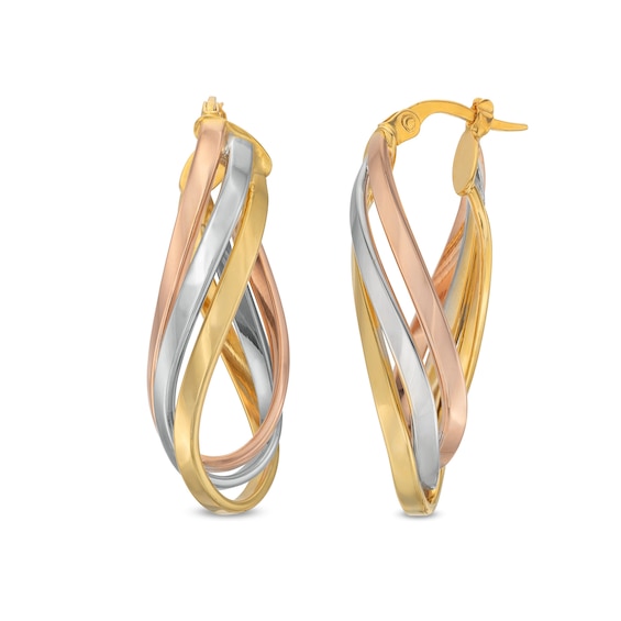 Twisting Triple Layered Oval Hoop Earrings in 14K Tri-Tone Gold