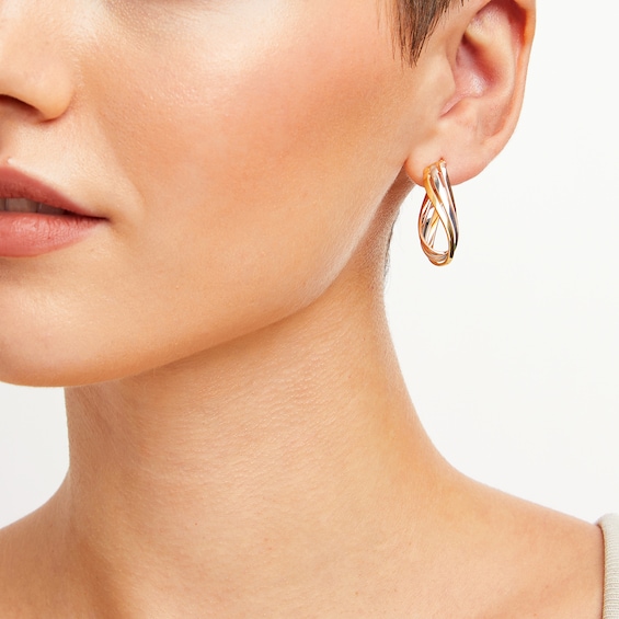 Twisting Triple Layered Oval Hoop Earrings in 14K Tri-Tone Gold