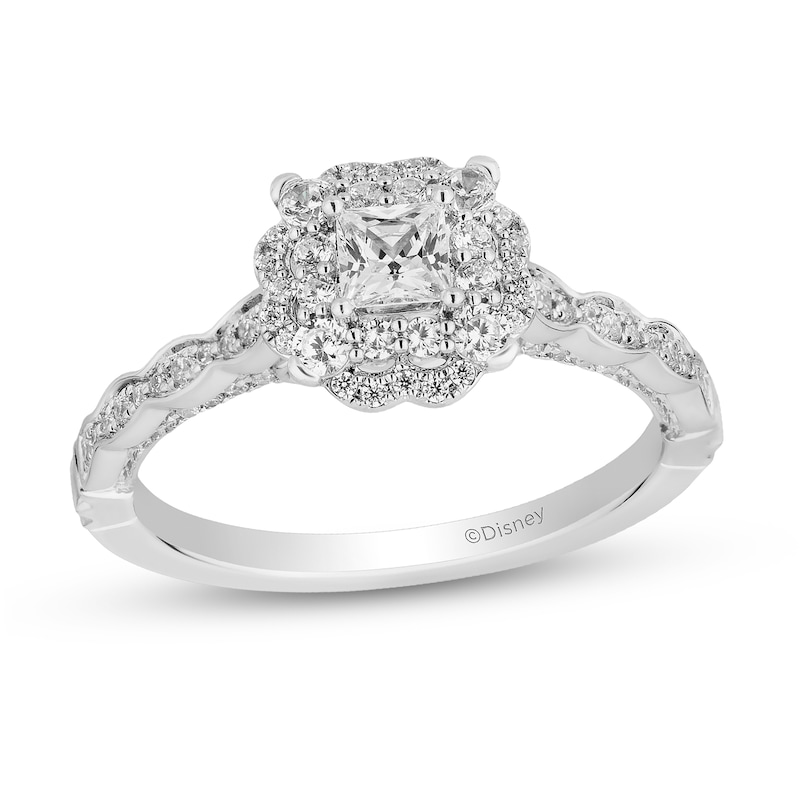 Enchanted Disney Cinderella 3/4 CT. T.W. Princess-Cut Diamond Frame Scallop Shank Engagement Ring in 14K White Gold