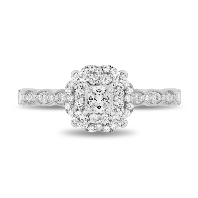 Enchanted Disney Cinderella 3/4 CT. T.W. Princess-Cut Diamond Frame Scallop Shank Engagement Ring in 14K White Gold