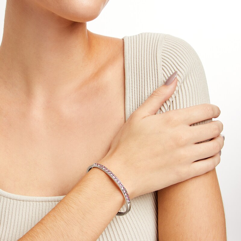 Main Image 2 of Pink Lab-Created Sapphire Open Bangle in Sterling Silver