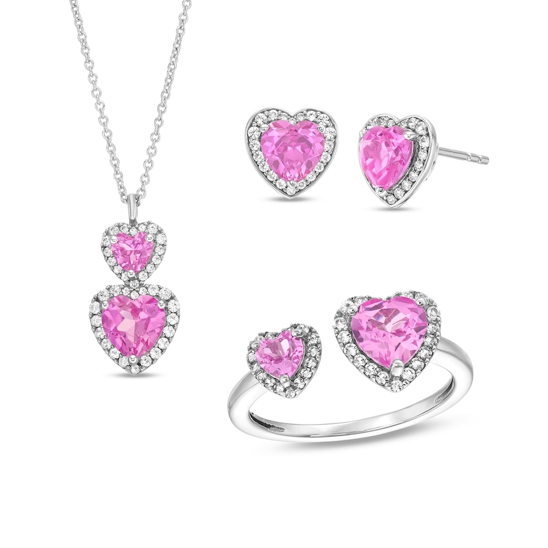 Main Image 1 of Heart-Shaped Pink and White Lab-Created Sapphire Frame Pendant, Ring and Stud Earrings Set in Sterling Silver - Size 7