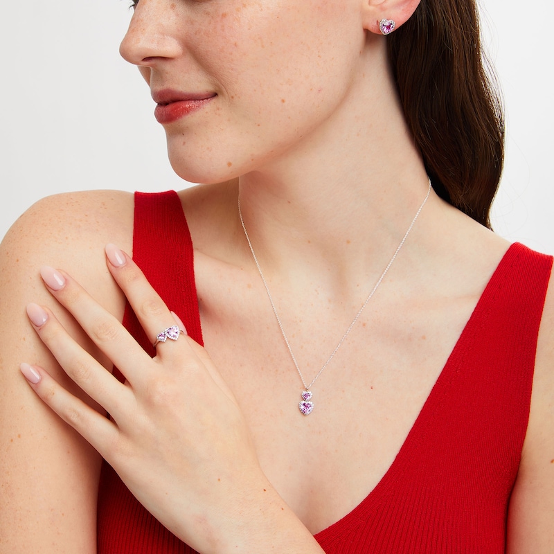 Main Image 2 of Heart-Shaped Pink and White Lab-Created Sapphire Frame Pendant, Ring and Stud Earrings Set in Sterling Silver - Size 7