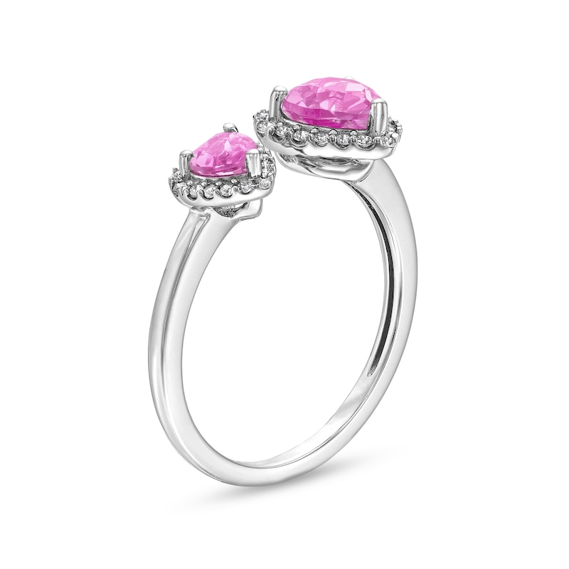Main Image 3 of Heart-Shaped Pink and White Lab-Created Sapphire Frame Pendant, Ring and Stud Earrings Set in Sterling Silver - Size 7