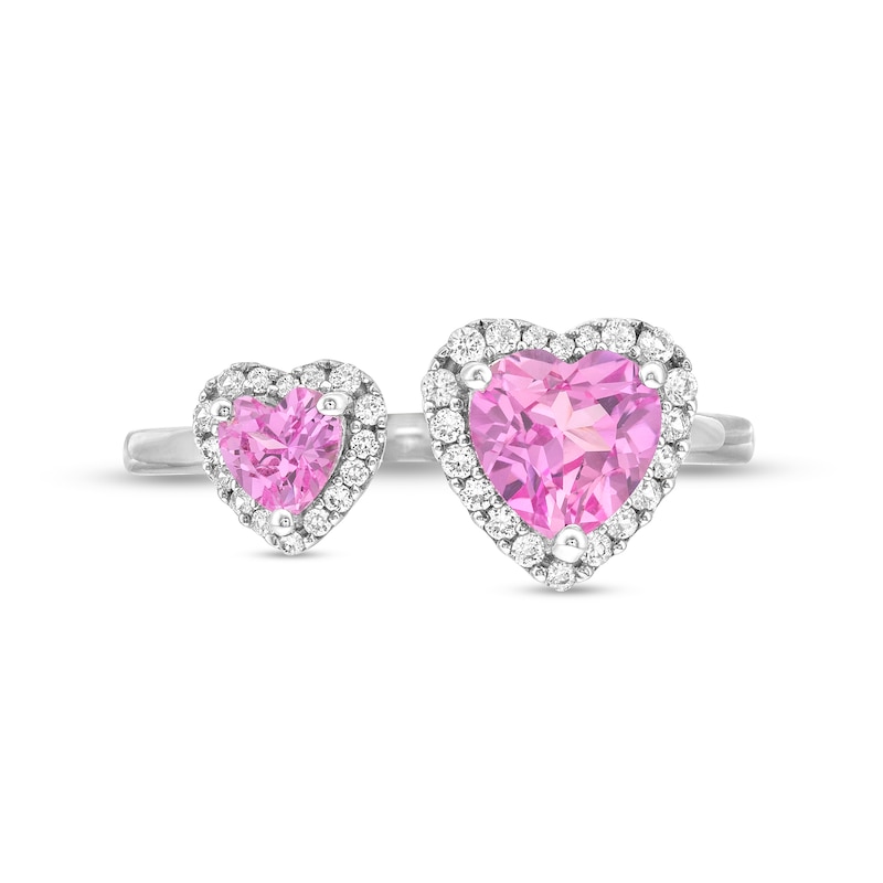 Main Image 4 of Heart-Shaped Pink and White Lab-Created Sapphire Frame Pendant, Ring and Stud Earrings Set in Sterling Silver - Size 7