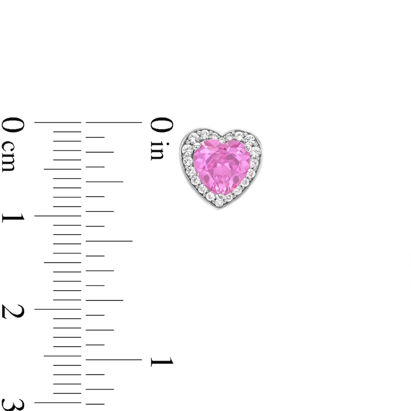 Main Image 5 of Heart-Shaped Pink and White Lab-Created Sapphire Frame Pendant, Ring and Stud Earrings Set in Sterling Silver - Size 7