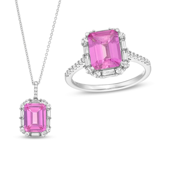 Emerald-Cut Pink and White Lab-Created Sapphire Frame Pendant and Ring Set in Sterling Silver - Size 7