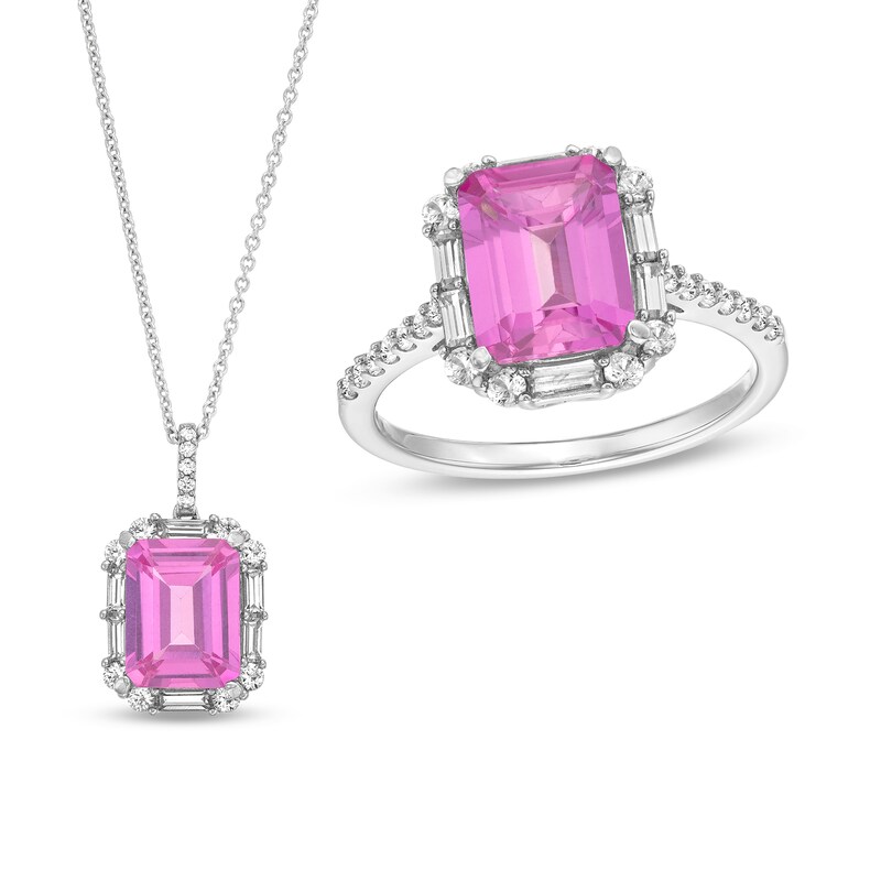 Main Image 1 of Emerald-Cut Pink and White Lab-Created Sapphire Frame Pendant and Ring Set in Sterling Silver - Size 7
