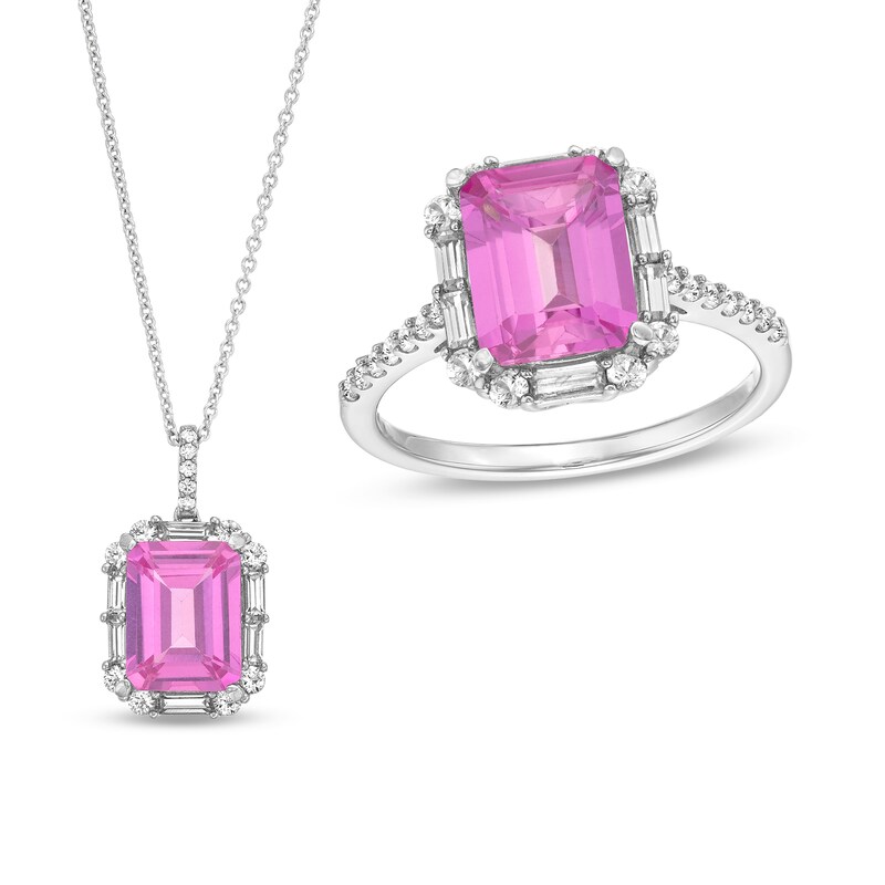 Emerald-Cut Pink and White Lab-Created Sapphire Frame Pendant and Ring Set in Sterling Silver - Size 7