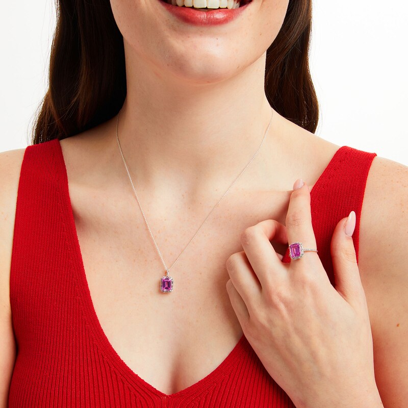 Main Image 2 of Emerald-Cut Pink and White Lab-Created Sapphire Frame Pendant and Ring Set in Sterling Silver - Size 7