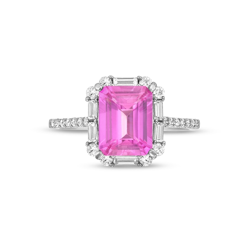 Emerald-Cut Pink and White Lab-Created Sapphire Frame Pendant and Ring Set in Sterling Silver - Size 7