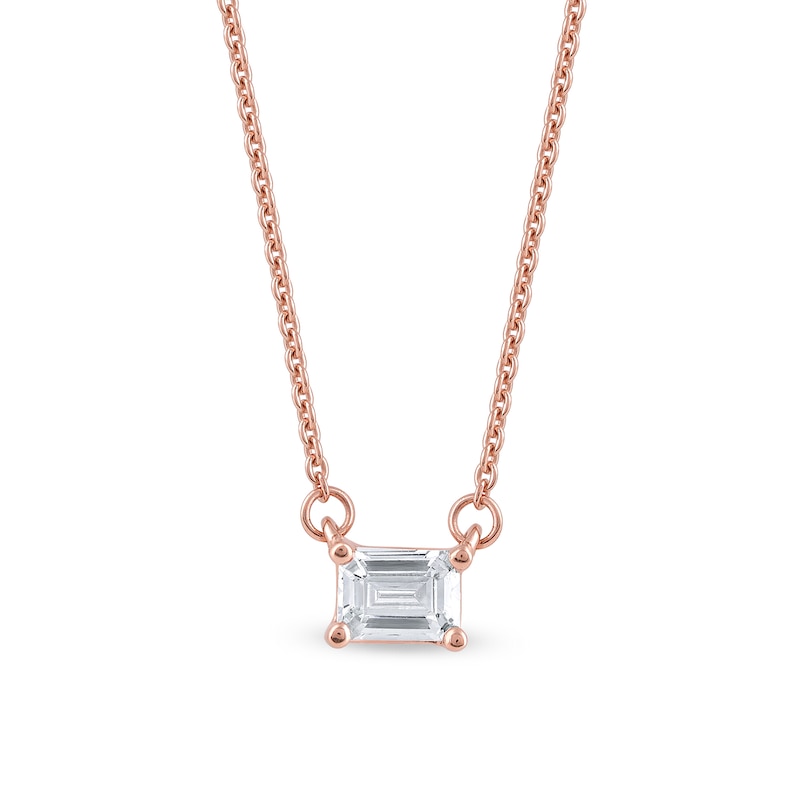 Main Image 1 of 1/3 CT. Certified Emerald-Cut Lab-Grown Diamond Sideways Solitaire Necklace in 14K Rose Gold (F/SI2)