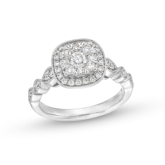 3/4 CT. T.w. Cushion-Shaped Mulit-Diamond Frame Art Deco Vintage-Style Engagement Ring in 14K White Gold