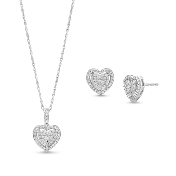 1/4 CT. T.w. Heart-Shaped Multi-Diamond Frame Pendant and Stud Earrings Set in Sterling Silver