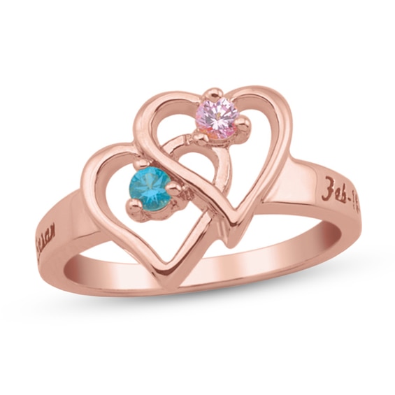 Couple's Birthstone Engravable Double Heart Ring (2 Stones and Lines)