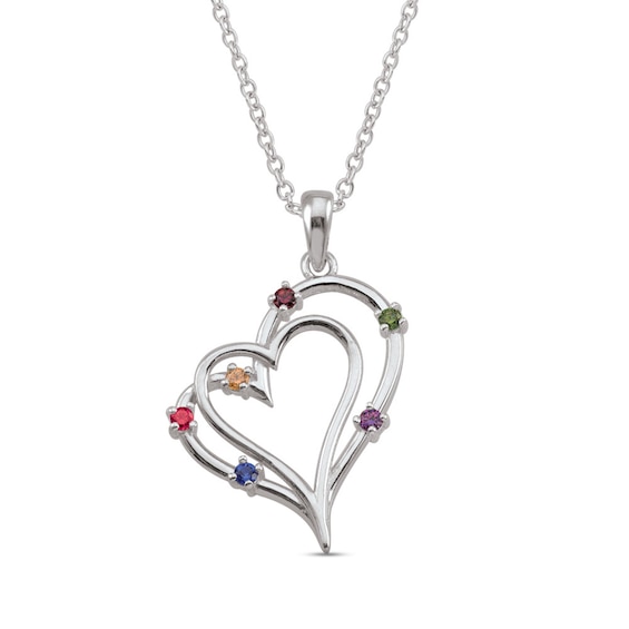 Mother's Birthstone Engravable Tilted Double Heart Pendant (3-7 Stones)