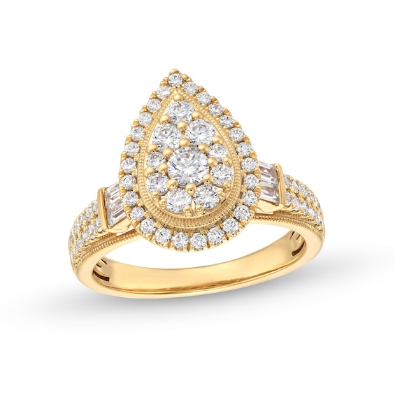 1 CT. T.w. Pear-Shaped Multi-Diamond Frame Double Row Engagement Ring in 14K Gold