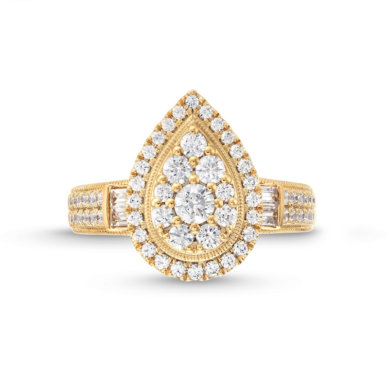 Main Image 4 of 1 CT. T.W. Pear-Shaped Multi-Diamond Frame Double Row Engagement Ring in 14K Gold