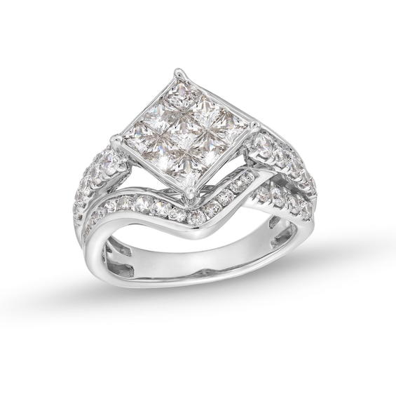 2 CT. T.w. Tilted Princess-Cut Multi-Diamond Bypass Multi-Row Engagement Ring in 14K White Gold