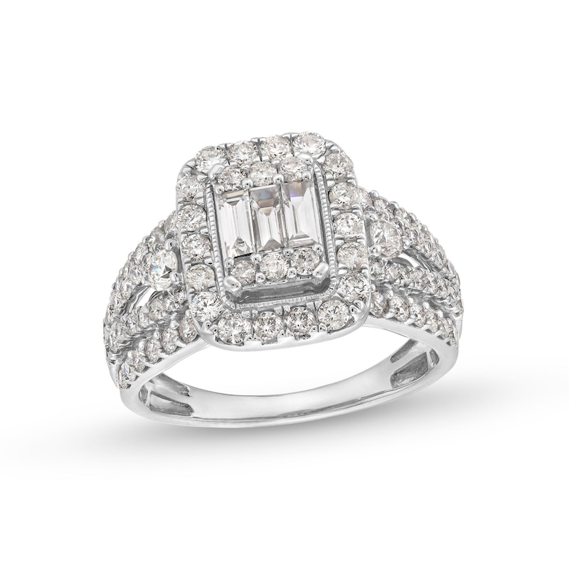 Main Image 1 of 1-1/2 CT. T.W. Emerald-Shaped Multi-Diamond Frame Multi-Row Split Shank Engagement Ring in 14K White Gold