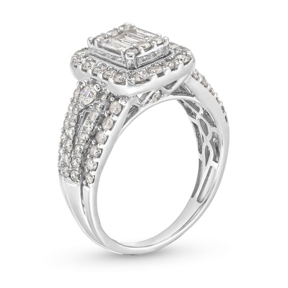 1-1/2 CT. T.w. Emerald-Shaped Multi-Diamond Frame Multi-Row Split Shank Engagement Ring in 14K White Gold