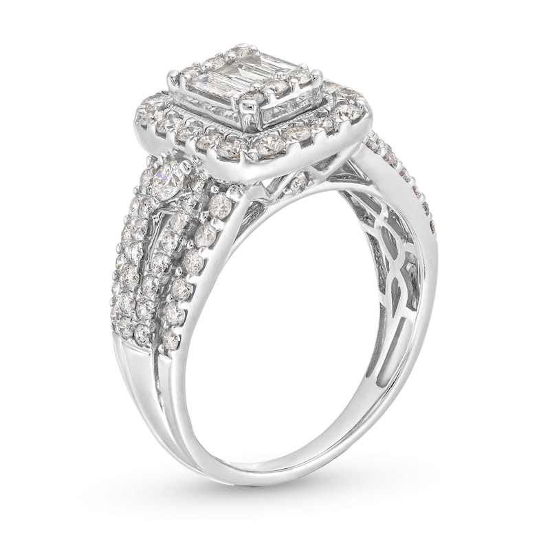 1-1/2 CT. T.W. Emerald-Shaped Multi-Diamond Frame Multi-Row Split Shank Engagement Ring in 14K White Gold