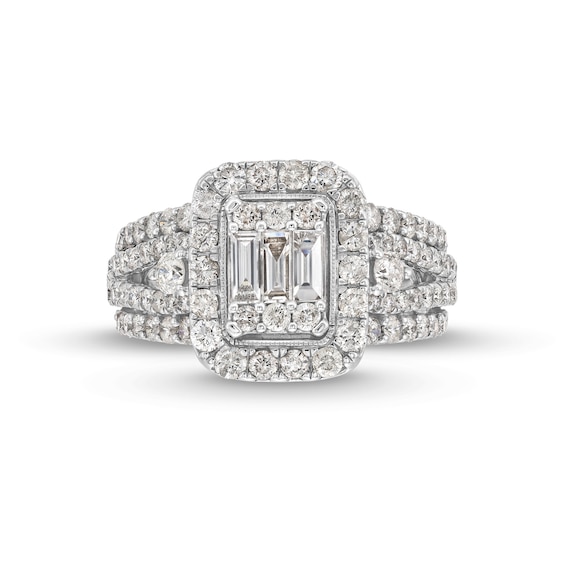 1-1/2 CT. T.w. Emerald-Shaped Multi-Diamond Frame Multi-Row Split Shank Engagement Ring in 14K White Gold