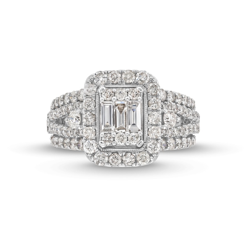 Main Image 4 of 1-1/2 CT. T.W. Emerald-Shaped Multi-Diamond Frame Multi-Row Split Shank Engagement Ring in 14K White Gold