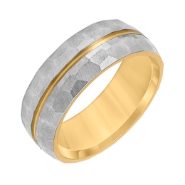 8.0mm Engravable Textured Wedding Band in Titanium with Yellow Ion Plate