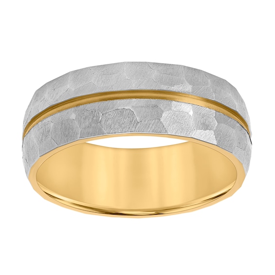 8.0mm Engravable Textured Wedding Band in Titanium with Yellow Ion Plate