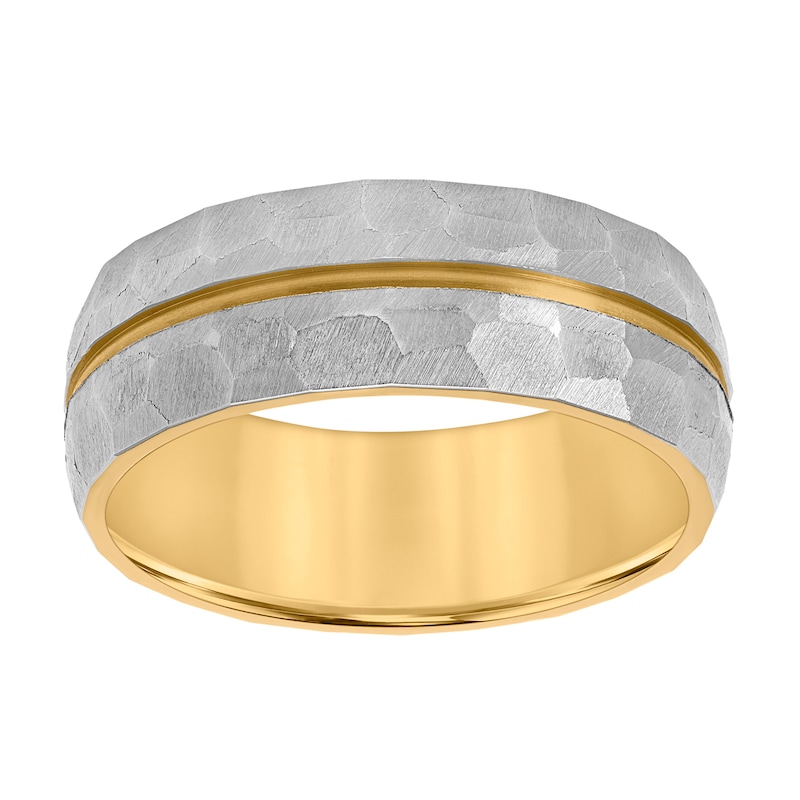 Men's 8.0mm Engravable Textured Wedding Band in Titanium with Yellow Ion Plate