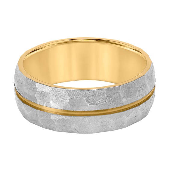 8.0mm Engravable Textured Wedding Band in Titanium with Yellow Ion Plate