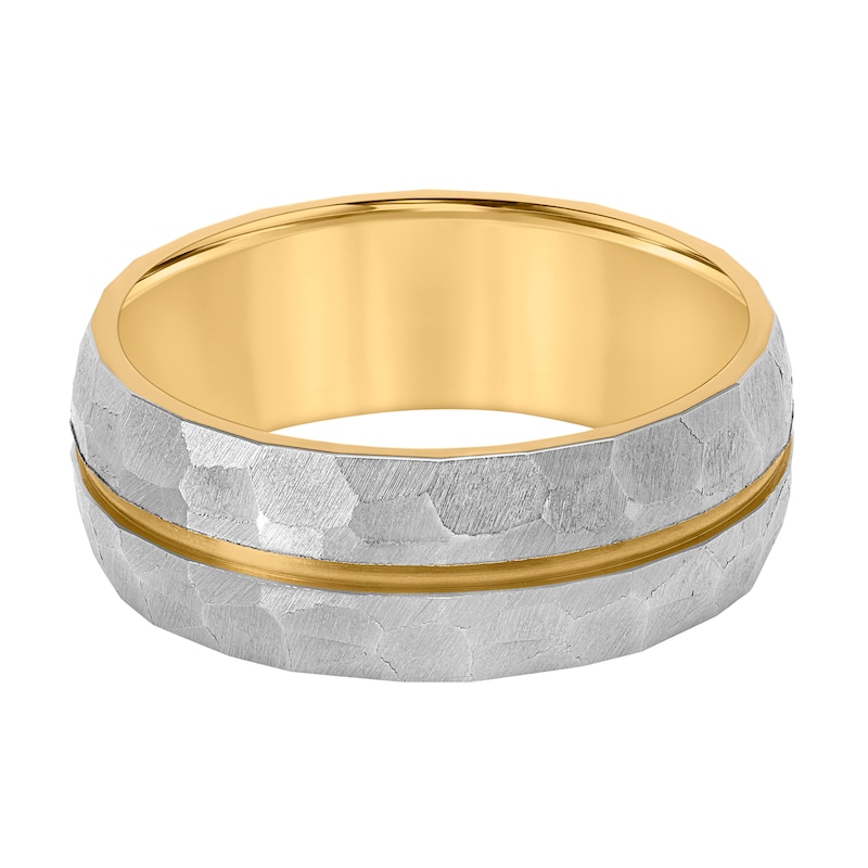 Men's 8.0mm Engravable Textured Wedding Band in Titanium with Yellow Ion Plate