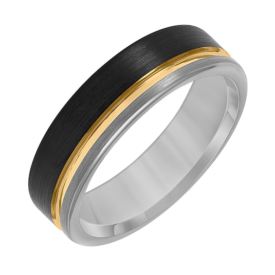 Men's 6.5mm Engravable Wedding Band in Tungsten with Black and Yellow Ion Plate