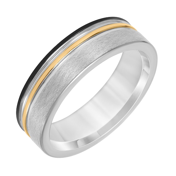 Men's 7.0mm Engravable Wedding Band in Tungsten with Black and Yellow Ion Plate