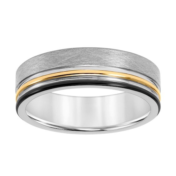 7.0mm Engravable Wedding Band in Tungsten with Black and Yellow Ion Plate