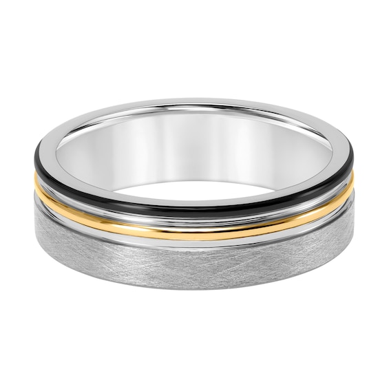 7.0mm Engravable Wedding Band in Tungsten with Black and Yellow Ion Plate