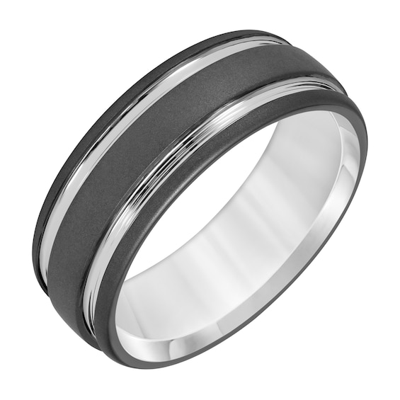 Men's 8.0mm Engravable Grooved Wedding Band in Tungsten with White Rhodium Plate (1 Line)