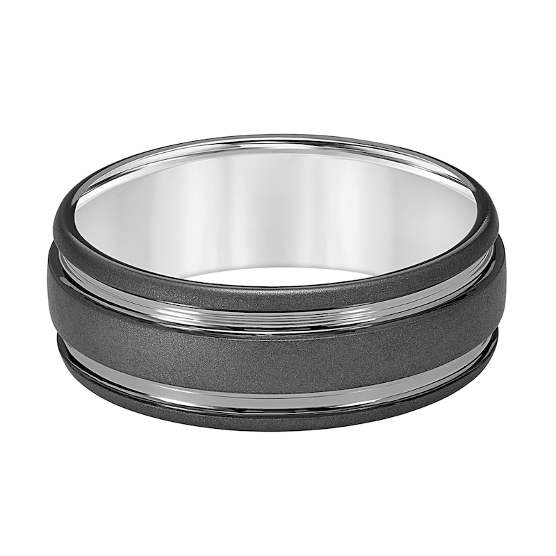 Main Image 3 of 8.0mm Engravable Grooved Wedding Band in Tungsten with White Rhodium Plate (1 Line)