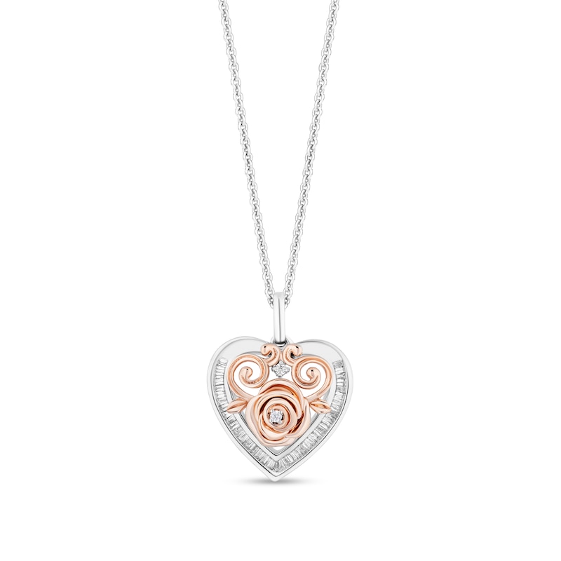 Enchanted Disney Belle 1/5 CT. T.W. Diamond Rose Heart Frame Pendant in Sterling Silver and 10K Rose Gold - 19"