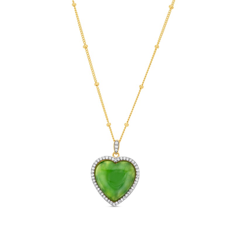 Main Image 1 of 16.0mm Heart-Shaped Jade and 1/4 CT. T.W. Diamond Frame Necklace in 10K Gold